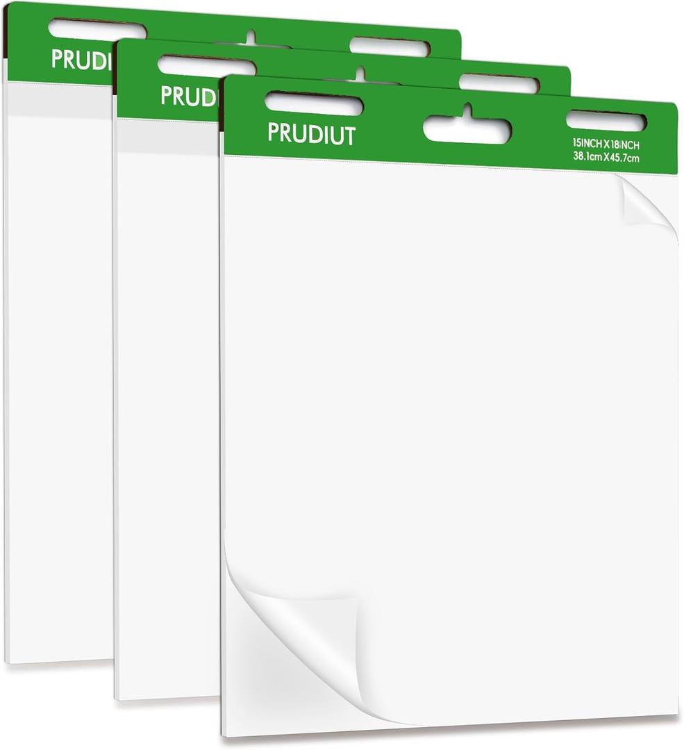 Prudiut 3 Pack Sticky Easel Pads, 15 x 18 Inches Flip Chart Paper Large White Sticky Notes Wall Pads Self Stick Chart Paper for Teachers, 30 Sheets/Pad