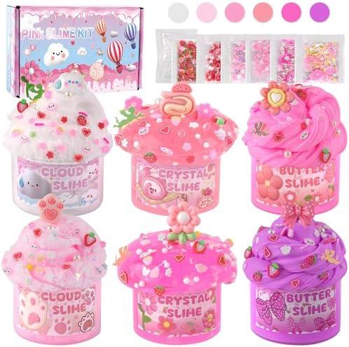 6 Pack Slimes, Pink Slime Kids, Cloud Slime kit for Girls Ages 8-12, Toys for Girls and Boys, for Kids Slime Set Party kit Goodie Bag Stuffers, 4 5 6 7 8 9 10 Year Old Girl Birthday Gift Cute Stuff