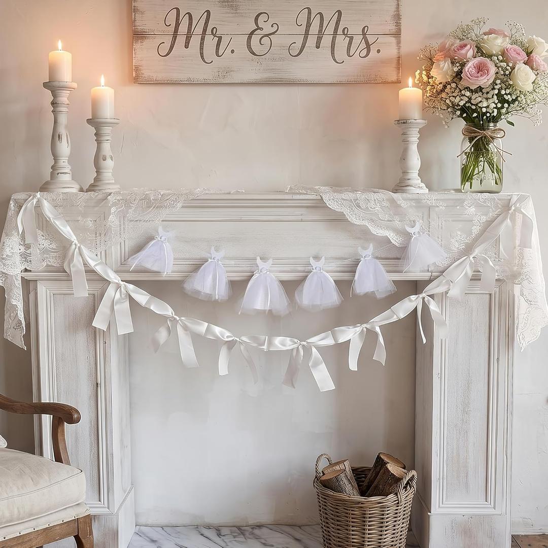 2Pcs Bridal Shower Banner Wedding Dress & Pre-Assembly White Ribbon Bow Garland for Wedding Reception Sign |Bride & Bachelorette Party Dcor, Bride and Groom Engagement Gift | Bridesmaid Favor Chair Banner