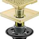 Gold Brushed Shower Drain with Flange, HIDROP SUS 304 Stainless Steel 6 inch Square Shower Floor Drain with Removable Hair Strainer