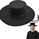 Nicky Bigs Novelties Adult Black Wide Brim Felt Hat Premium Flat Top Hats Amish Style Ranch Cowboy with Chin Strap Men Women Costume Accessory for Plague Matador Western Medieval Adjustable Size