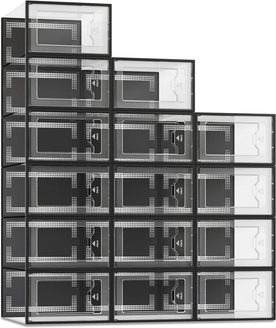 SEE SPRING Large 15 Pack Shoe Storage Box, Clear Plastic Stackable Shoe Organizer for Closet, Space Saving Foldable Shoe Rack Sneaker Container Bin Holder (Black)