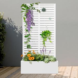 FENCY Metal Raised Garden Bed with Trellis, Metal Planter Box with Trellis, Garden Box for Climbing Plants Vegetable, 35" Lx16 Wx71 H Garden Bed with Drainage Holes(White-Louvered), 71"x35"