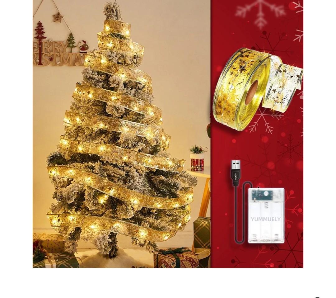 Christmas Ribbon Fairy Lights 33Ft 100 LED String Lights Battery Operated 2In Gold Foil Ribbon with Warm White Twinkle Firefly Lights Indoor Starry Holiday Decoration for Christmas Tree