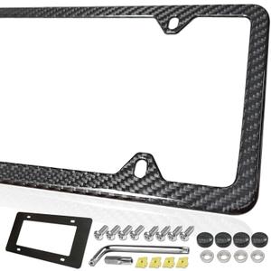 FBJTDQ Carbon Fiber License Plate Frame- Stainless Steel Car Tag Holder Wrapped with Real Carbon Fiber, 4 Hole Slim Design, Anti-Theft Screws Caps, Rattle-Proof Pad, 1 Pack for Front or Rear