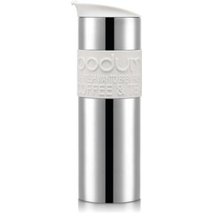 Bodum 15oz Double Wall Insulated Travel Mug with Lid, Stainless Steel w/White Silicone Sleeve