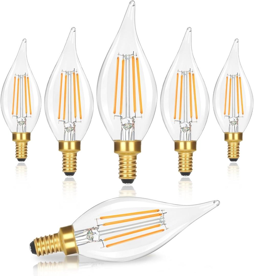 GoBright Dimmable E12 LED Candelabra Bulb 40W Equivalent, 460LM Soft Warm White 2700K Candle Light With Vintage Flame Tip, 4W CA10 Clear Glass for Chandelier, Pendant, 6-Pack