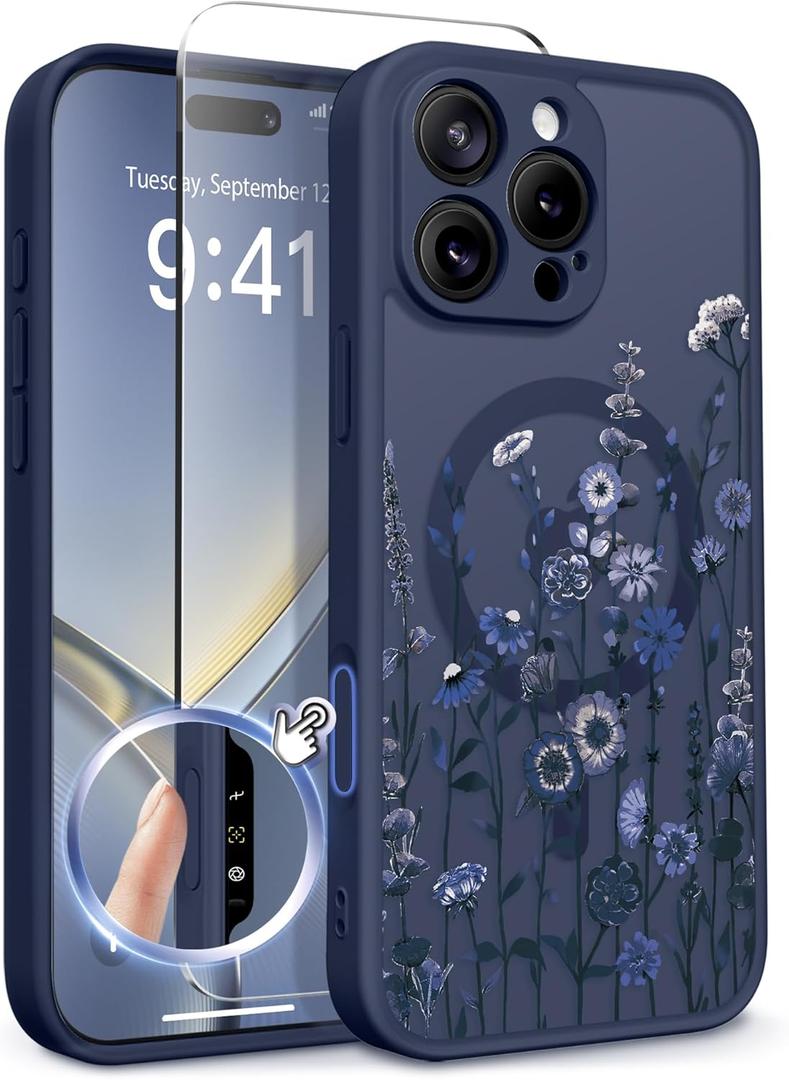 GVIEWIN for iPhone 16 Pro Case Compatible with MagSafe, [Military Grade Protection] [Screen Protector] Full Camera Protection Floral Translucent Women Magnetic Phone Case, Floratopia/Blue