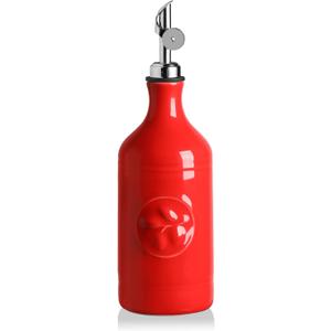 Sweejar 16 Oz Ceramic Olive Oil Dispenser Bottle, Oil Dispenser for Kitchen with Gravity Spout, Relief Opaque Oil Container for Evoo, Avocado Oil, Vinegar, Soy Sauce, 1 Pack(Red, Silver Spout)