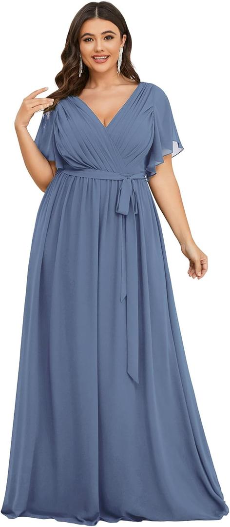 Ever-Pretty Plus Women's Chiffon Short Sleeves A-Line V-Neck Empire Waist Floor Length Plus Size Formal Bridesmaid Dress (Blue)