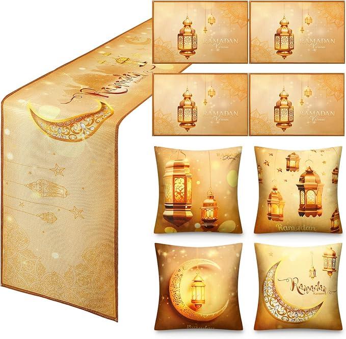 Hosuly 9 Pack Ramadan Party Decorations Set, 1 Pc Eid Mubarak Table Runner 4 Pcs Ramadan Placemat 4 Pcs Pillow Cover Eid al Fitr Table Decor Decoration Star Moon Lantern Decor Set for Home