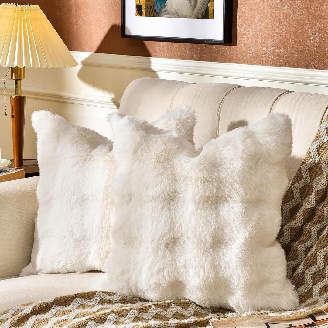 AmHoo Pack of 2 Throw Pillow Covers 3D Dense Faux Rabbit Fur Cozy Super Soft Fuzzy Set Case Cushion for Couch Sofa Bedroom 22 x 22-Inch, Cream White