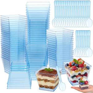 Mifoci 50 Sets Dessert Cups with Spoons, Square Disposable Plastic Parfait Bowl, Elegant Clear Dessert Cups for Fruit Ice Cream for Wedding Bridal Shower Baby Shower Graduation Birthday (3.5 oz,Blue)
