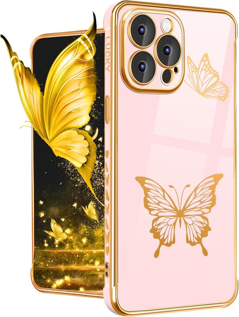 Petitian for iPhone 14 Pro Max Case, Cute Women Girls Gold Butterflies Designed Cases for iPhone 14 Pro Max, Girly Gold Plating Cover for 14 Pro Max with Camera Protector