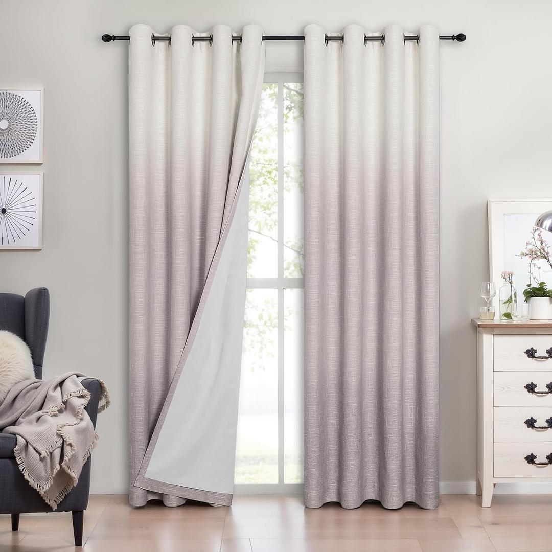 Purple Ombre Full Blackout Curtain Panels 84 Inch Long Noise Reducing Energy Efficient Window Treatment Drapes for Bedroom Linen Texture with Grommets Gradient Print Cream White to Lavender, 50"x84"x2