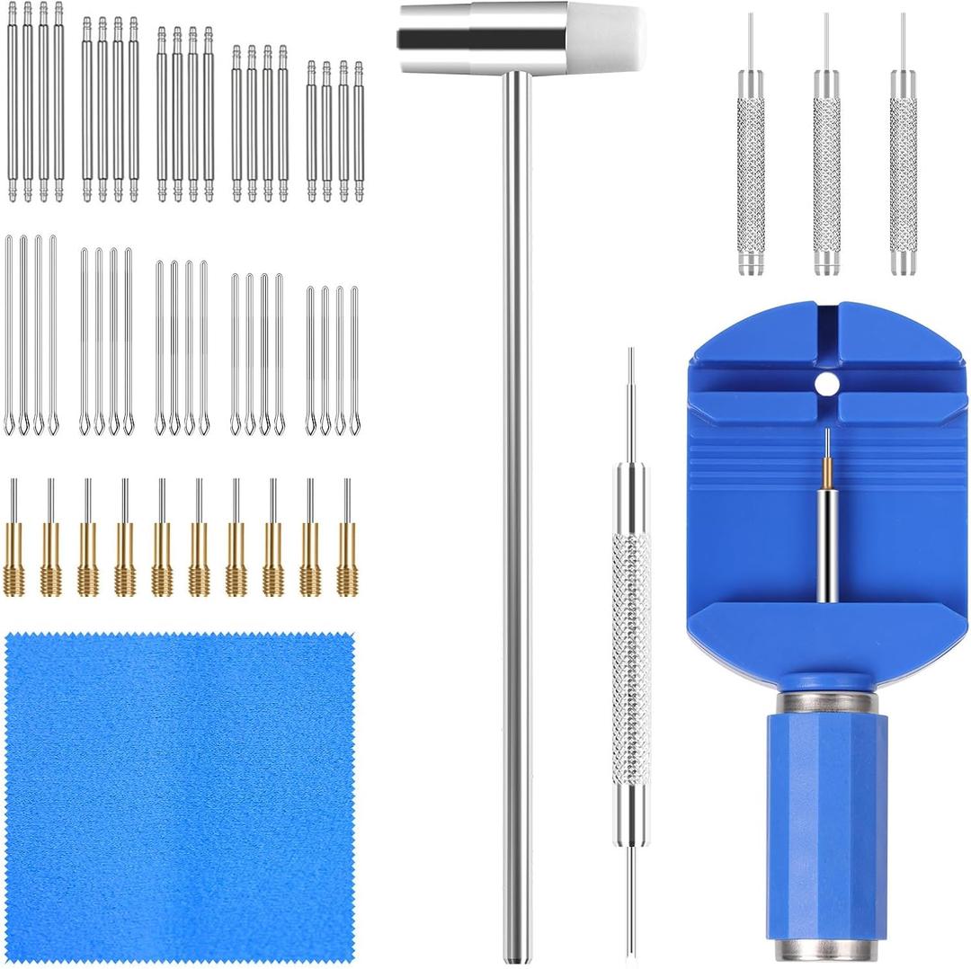 Watch Link Removal Kit, Watch Repair Kit Repair Tools & Kits, Watch Band Adjustment Strap Pin Removal Tool Kit, Watch Chain Sizing Bracelet Adjuster Resizing Tool with Pins, Spring Bar Tool, Hammer (Blue)
