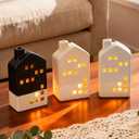 DN DECONATION Light Up Christmas Village Houses Decorations, 3-Pcs Ceramic Christmas Houses, Boho Small Winter Village Set with Lights for Tabletop Holiday Decor Table Display Farmhouse Xmas Town