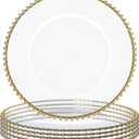 MAONAME 13" Clear Charger Plates Set of 6, Round Plate Chargers with Gold Beaded Rim, Table Charger for Dinner Plates, Plastic Chargers for Table Setting, Wedding Decor