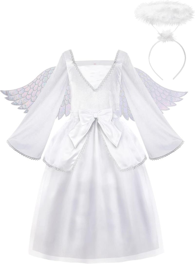ReliBeauty Angel Costume for Kids White Fancy Princess Tulle Dress with Wings and Halo (Size 59.06 inch/150)