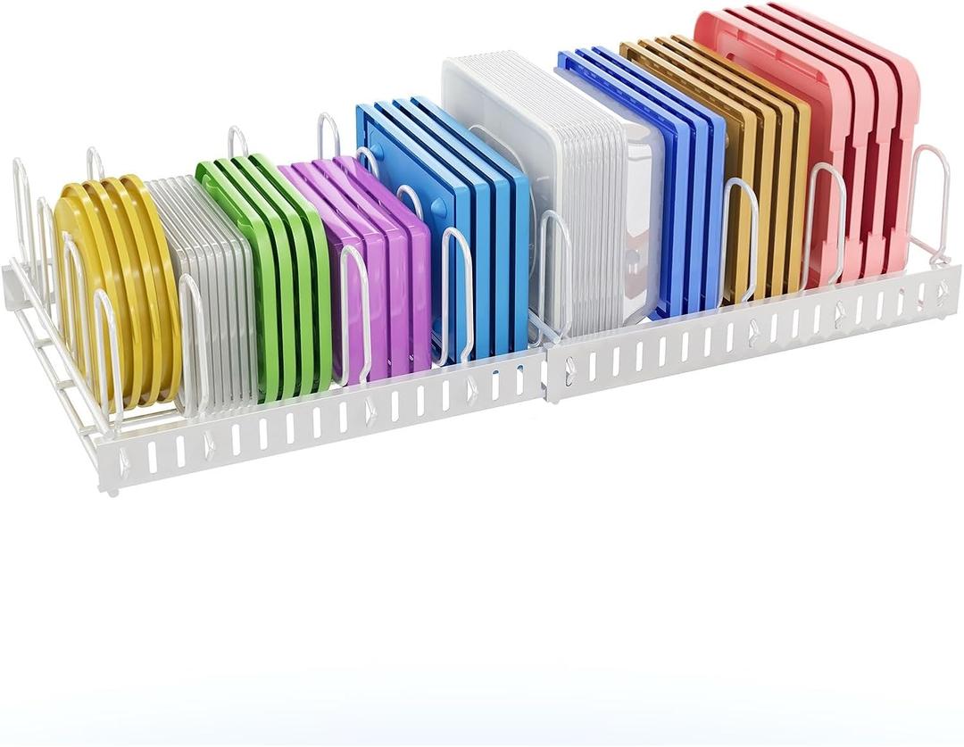 X-cosrack Expandable Food Container Lid Organizer,Large Capacity Adjustable 10 Dividers Detachable Lid Organizer Rack for Cabinets, Cupboards, Pantry Shelves, Drawers to Keep Kitchen Tidy,White