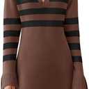 Saodimallsu Womens Striped Sweater Dress V Neck Collared Long Sleeve Slim Fit Ribbed Knit Trendy Mini Dresses (Black)