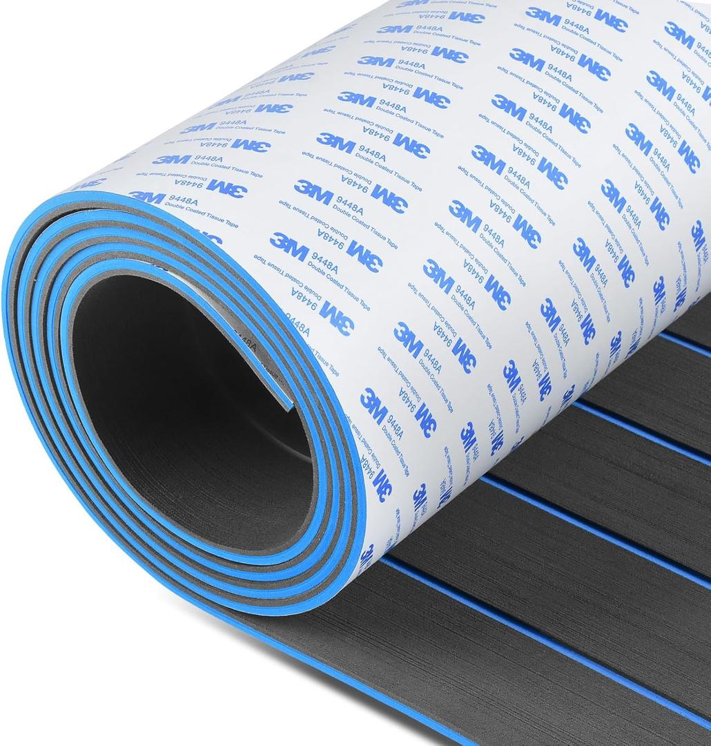 OCEANBROAD EVA Foam Boat Flooring with 3M Adhesive Backing Marine Self-Adhesive Decking 96''x45.6''/36''/28.8''/16.8'', 48''x16.8'' Faux Teak Sheet for Jon Boats Swim Platform Helm Pad RV Floor (Dark Gray with Blue Seam Lines)