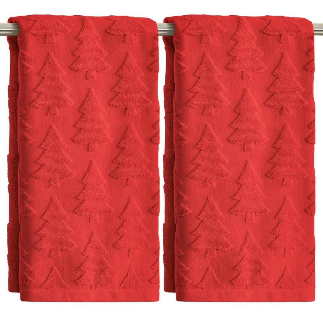 Artoid Mode 2 Pcs Red 3D Xmas Tree Jacquard Christmas Hand Towels for Bathroom, 100% Cotton Soft Absorbent Bathroom Decor Towels, 13.7 x 29.5