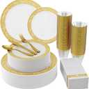 210 Count Gold Plastic Dinnerware, Gold Disposable Plates, Includes: 30 Dinner & 30 Dessert Plates & 30 Cups & 30 Paper Napkins & 30 Plastic Silverware Set -for Thanksgiving, Christmas, Parties