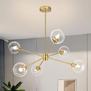 KoKo&Yukina 6-Light Globe Sputnik Chandelier Modern Gold Sputnik Chandelier Mid Century Pendant Light Gold Finished with Clear Globe Glass Lampshade Chandeliers for Dining Room Kitchen Bedroom
