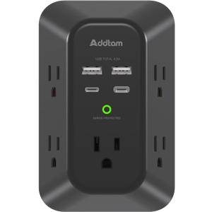 Surge Protector Outlet Extender, Addtam Multi Plug Wall Outlet with 4 USB Ports(2 USB-C), 3-Sided 1800J Power Strip Plug Extension Outlet Splitter, Black