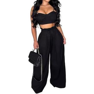 Molisry Women's 2 Piece Outfits Casual Spaghetti Strap Bra Top High Waisted Long Straight Wide Leg Pants Lounge Sets Fall M