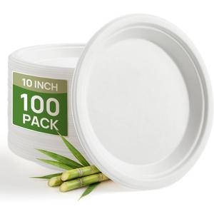 Goodluck 10 Inch White Compostable Paper Plates 100 Pack, 100% FSC Certified Heavy Duty Bagasse Plates, Eco Friendly Disposable Sugarcane Plates for Party, Wedding, BBQ, Catering & Everyday Use