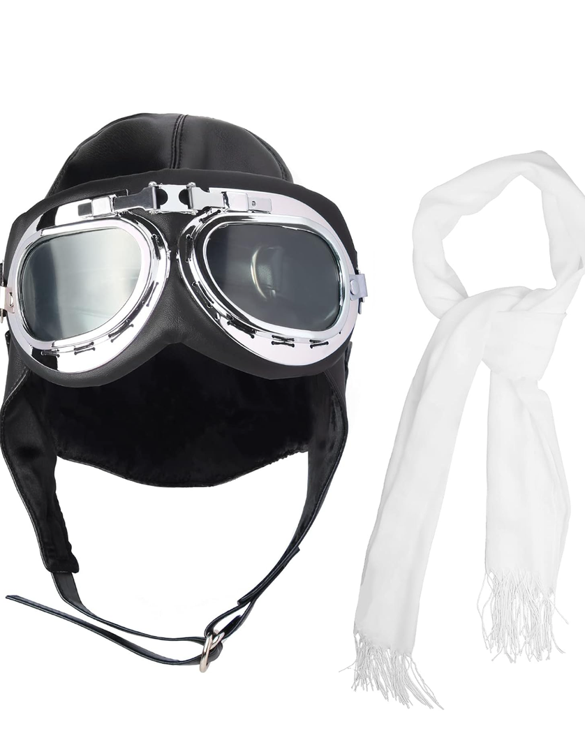 Aviator Hat With Goggles Costume Accessories Pilot Cap White Scarf for Men Women Teens Adults