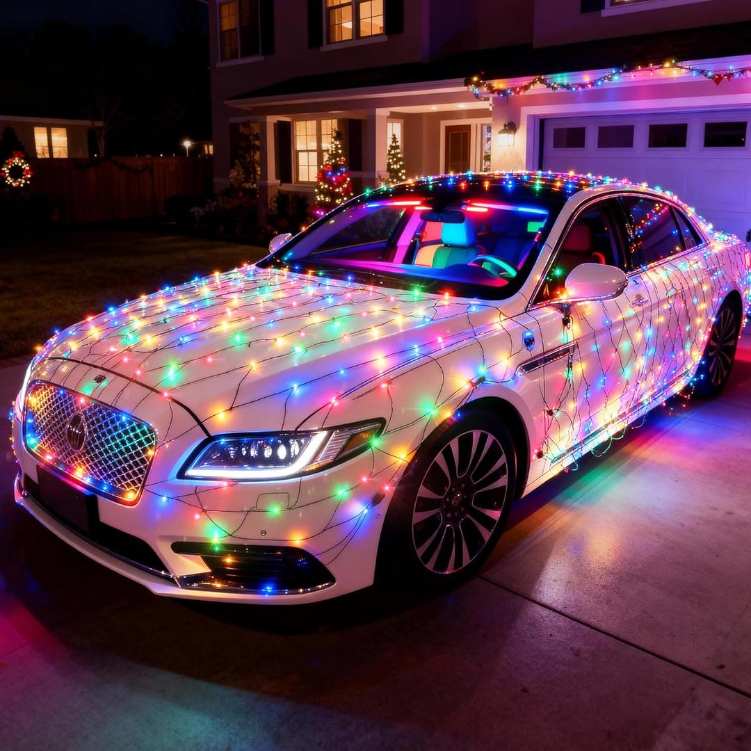 2 Sizes of Net Lights Set - 7 Pcs Outdoor Multicolor Christmas Mesh Lights with 8 Modes,Timer Memory Function,Includes 3 * 160 LEDs 6.56 x 4.92ft + 4 * 80LEDs 3.28 x 3.93 ft + 40 Suction Cup Hooks