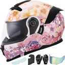OUMURS Pink Modular Motorcycle Helmets Full Face Flip up Street Bike Motorcycle Helmet for Unisex Adult Flower Sea - M