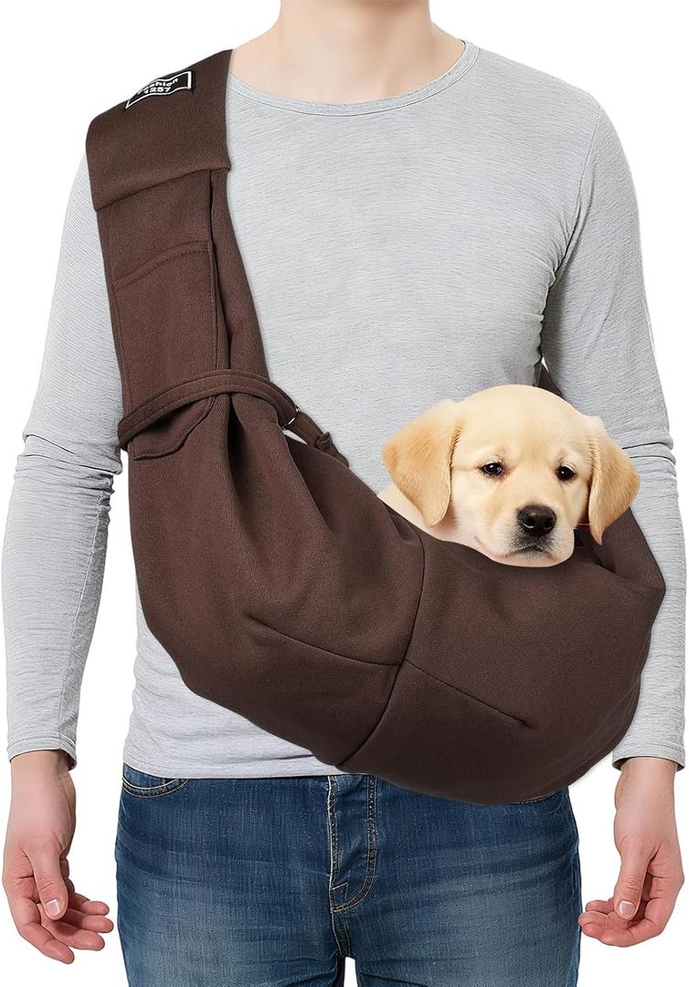 Pet Sling Carrier for Small Dogs and Cats Up to 16.5 Lbs, Hand-Free Reversible Dog Sling Carrier with Pocket, (Brown, 1 Pcs) Intended for Hiking/Camping/Traveling