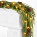 9FT Norfolk Pine Garland with Lights, Lighted Christmas Garland with Timer & 8 Lights Modes- Prelit Battery Operated Pine Garland with Pinecones for Mantle Table Fireplace Door Staircase Decorations