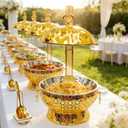 8QT Gold Luxury Chafing Dishes for Buffet 4 Pack Fancy Stainless Steel Chafing Dish with Hollow-Out Frame, Large Capacity Catering Chafer Set for Weddings, Parties, Banquets (4)