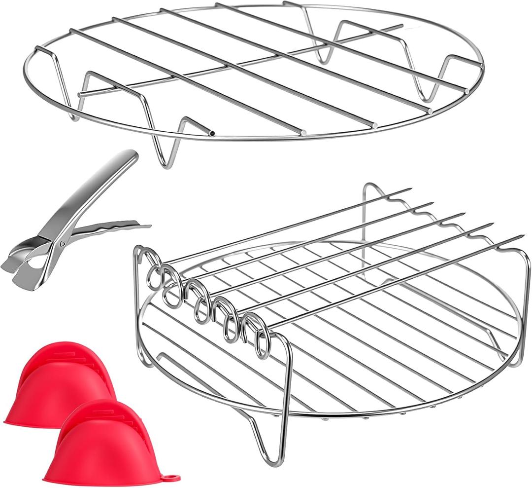 Honeydak 2 Pcs Air Fryer Rack Round Double Layer Air Fryer Accessories Set with Skewer Stainless Steel Multipurpose Cooking Steaming Skewer Rack Basket with 5 Skewers 2 Silicone Mitts 1 Bowl Clip