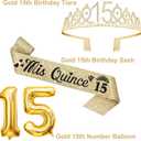 15th Birthday Decorations for Girls Gold with 15th Birthday Crown and Sash, Candles and Cake Topper, Number Balloons, Sweet 15 Year Old Gifts for Girls