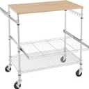 3 Tier Rolling Kitchen Cart with Wood Tabletop, Kitchen Island Carts with Wheels & Slider Shelf, Microwave Cart on Wheels, Coffee Cart with Hooks, 35.4" L*18.1" W*31.9" HWood+Chrome