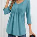 MEROKEETY 3/4 Length Sleeve Womens Tunic Tops Summer Dressy Casual Pleated Loose Fit Shirt Blouses (S)