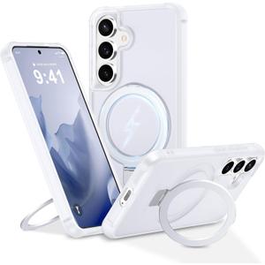Magnetic Stand for Samsung Galaxy S25 Plus Case [Military Grade Drop Protection] with Kickstand, Matte Translucent Slim Case for S25 Plus 6.7", White