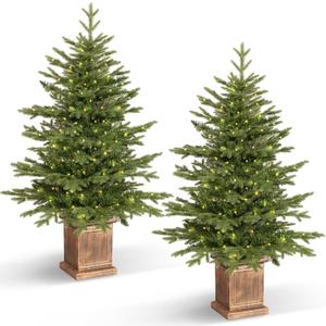 Jin&Bao 4FT Potted Christmas Tree with 100 Lights, 2 Pack Artificial Xmass Tree Timer Function with Real-Like Tips & Round Branches, 3AA Battery Operated Christmas Decorations for Outdoor, Porch (Classic Green)