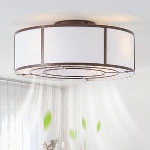 Caged Ceiling Fans with Lights Flush Mount, Low Profile Ceiling Fan with Lights Remote Control, 20'' Modern Bladeless 6 Speeds for Bedroom, Nursery, Kitchen, Brown