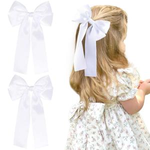 2Pcs Hair Bows for Girls Hair Clip Silk Hair Bow Ribbon Hair Accessories for Women Toddlers Infant Teens Kids,White-Silk