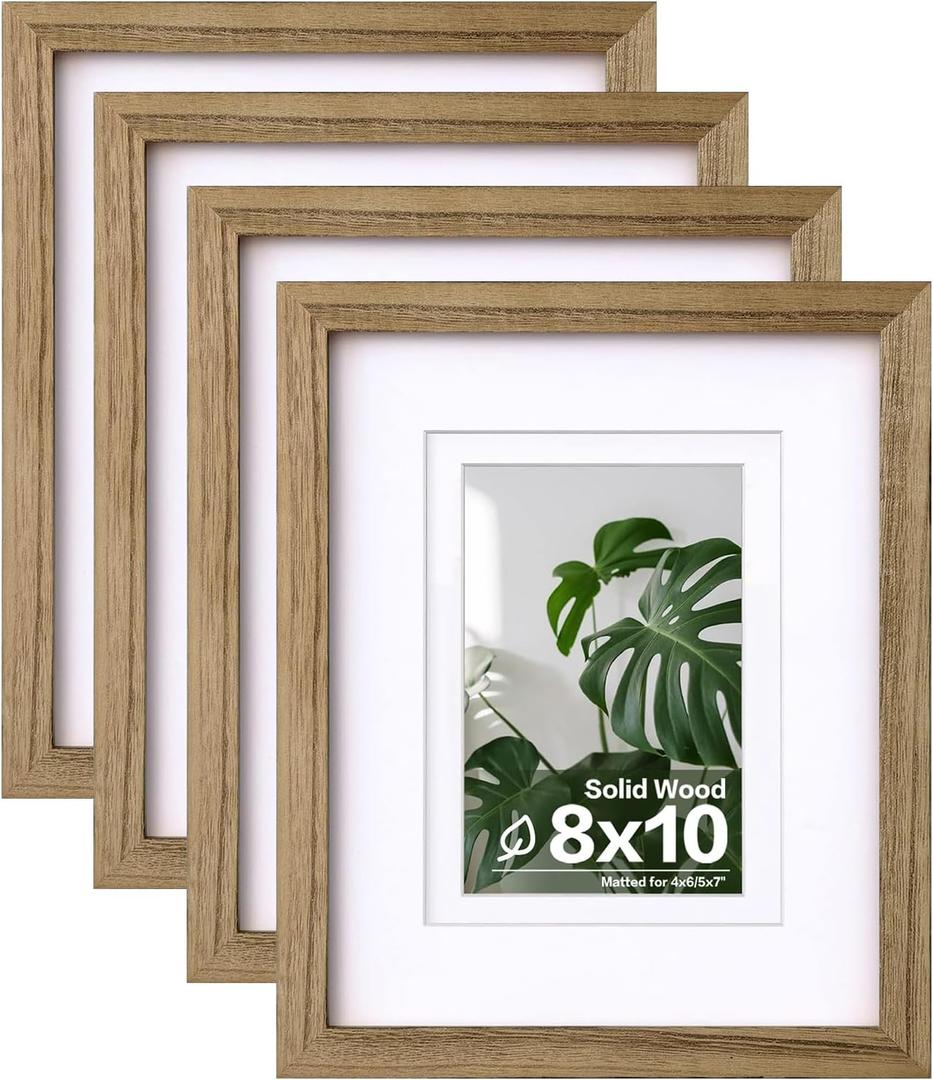 Egofine 8x10 Picture Frames with Plexiglass, Display Pictures 4x6/5x7 with Mat or 8x10 Without Mat Set of 4 for Tabletop and Wall Mounting, Carbonized Brown