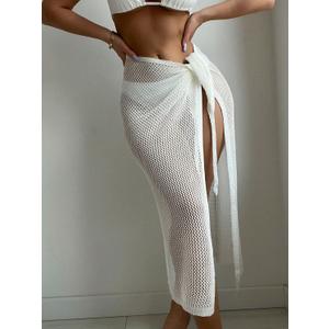 SOLY HUX Swim Cover Ups for Women Hollow Out Wrap Tie Side Crochet Sarongs Cover Up Skirt Beach Bikini Swimwear (Medium, White)