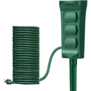 BESTTEN Outdoor Power Stake with 30ft Ultra Long Extension Cord, 3-Outlet Power Strip with Weatherproof Protective Covers, ETL Listed, Green