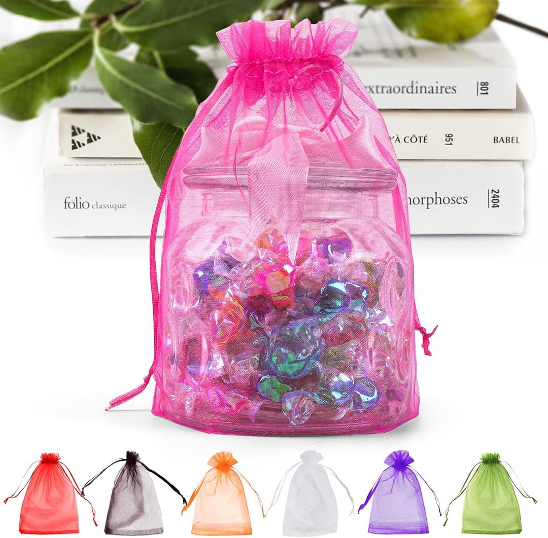 ANZNKU 50 Pack Hot Pink Organza Bags 6x9 inches, Jewelry Pouches Drawstring, Mesh Bags for Gifts Large Organza Bag for Wedding Party Christmas Favor
